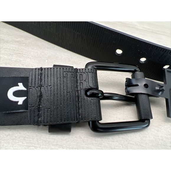 True Religion Men's Sz 34 Black Van Belt w/Textured Logo Repeat & Roller Buckle - Picture 4 of 8